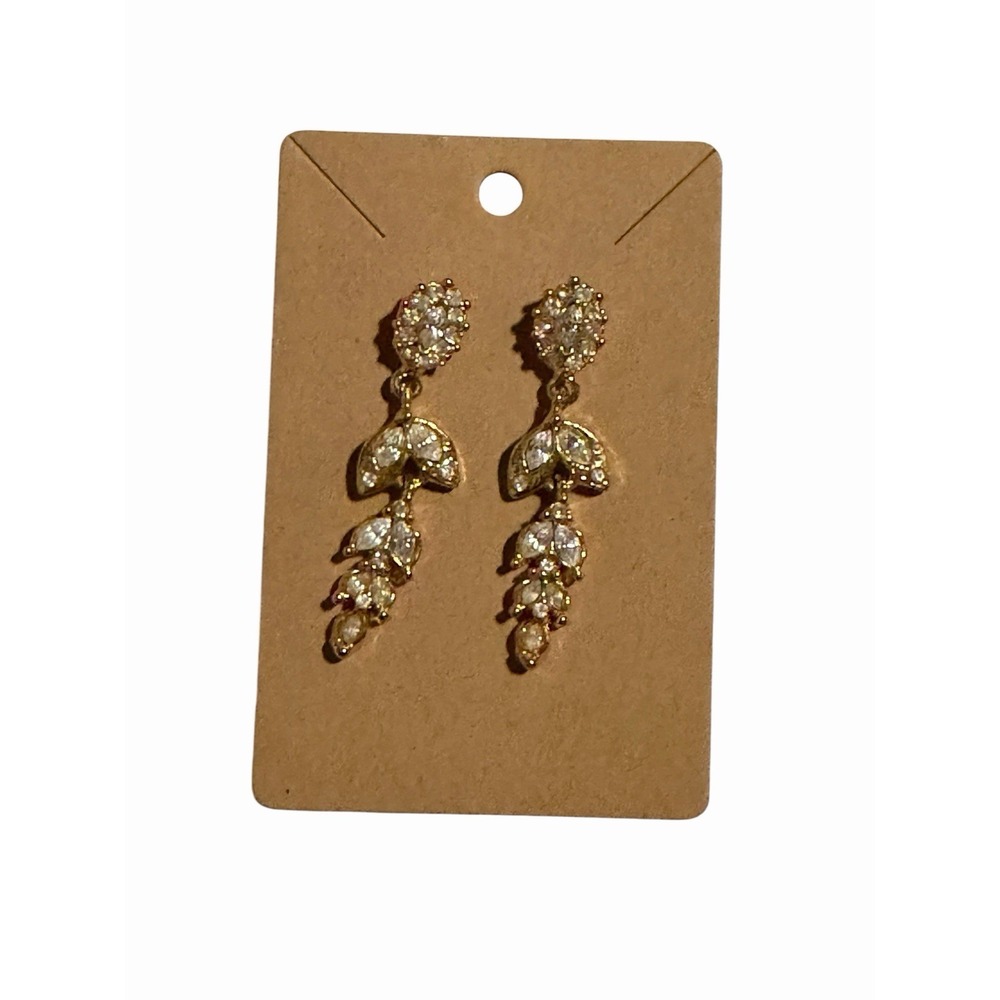 Gold Tone Crystal Leaf Dangle Earrings Marquise Drop Bridal Formal Evening Wear